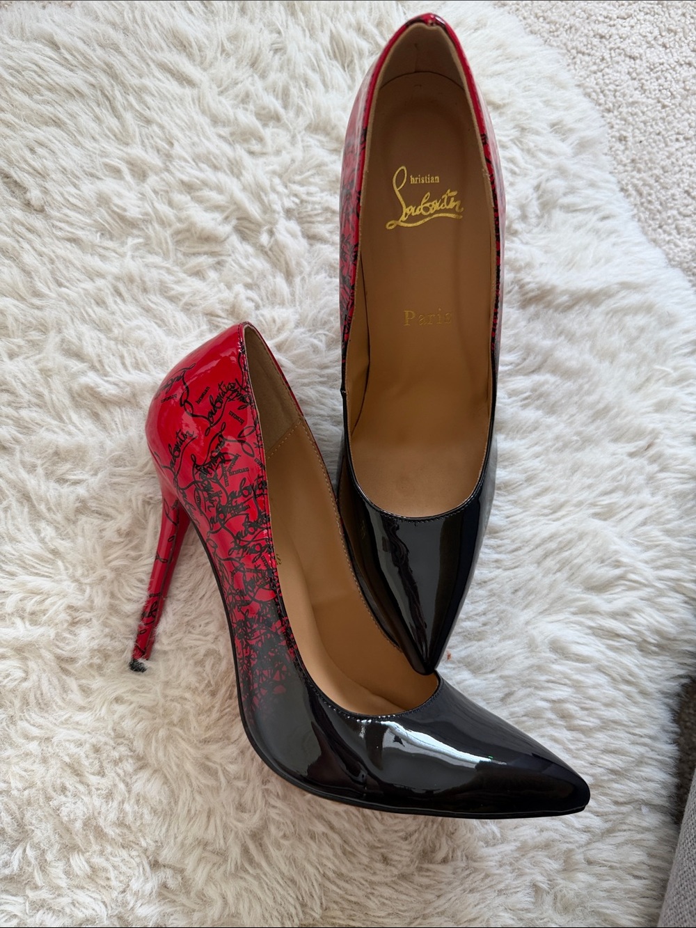 Christian Louboutin Black and Red Patent Pointed-Toe Script